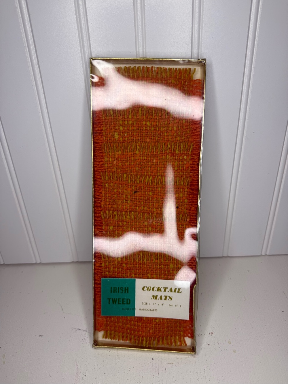 Set Of 6 Vtg Orange | Yellow Irish Handwoven Tweed Wool Cocktail Mats 4X4 Inches